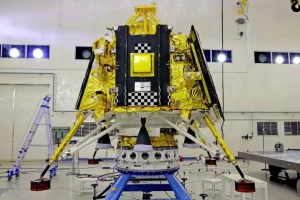 India Moon Landing: Chandrayaan-3 spacecraft during its descent to the Moon's south pole, showcasing India's advanced space technology and ISRO's dedication to lunar exploration.