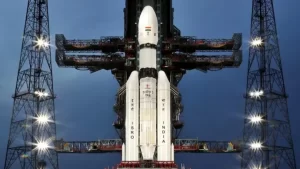 India Moon Landing: Chandrayaan-3 spacecraft during its descent to the Moon's south pole, showcasing India's advanced space technology and ISRO's dedication to lunar exploration.